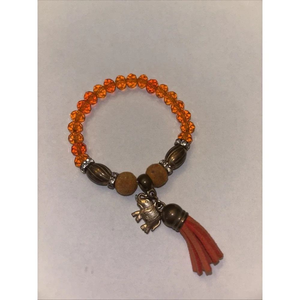 Vintage Orange Bead Beaded Stretch Bracelet With Tassel & Elephant Charm